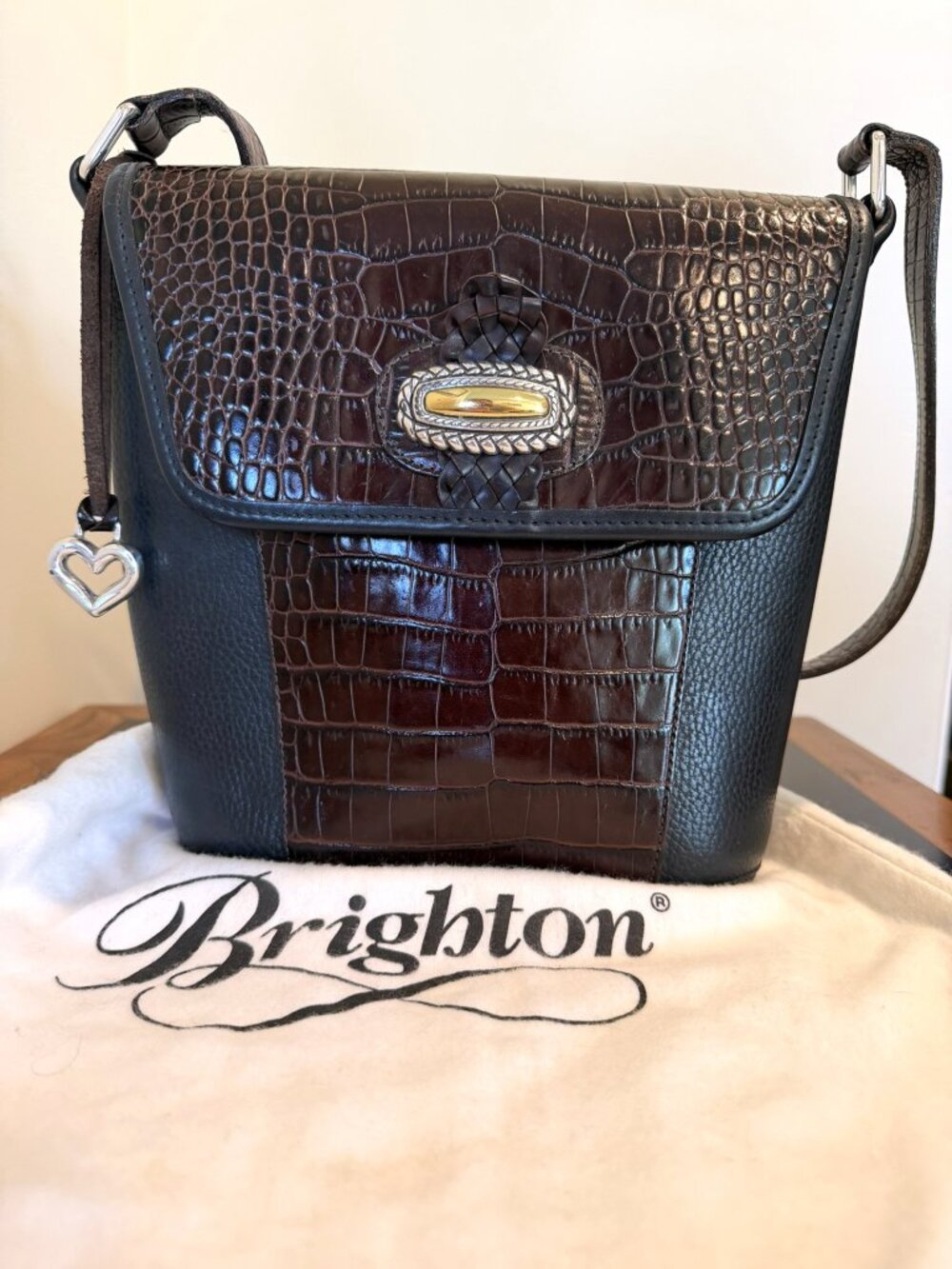 Brighton A080080 Leather Crossbody Bag – Brown Croc & Black Grain – Heart Charm